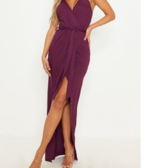 plum ribbed wrap maxi dress